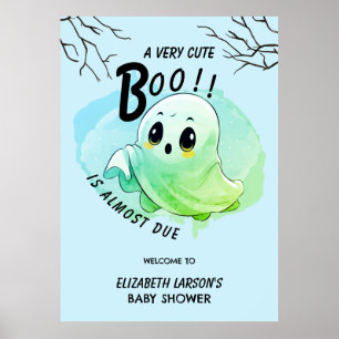Poster Chá de Bebê Boo Festa Tema Azul Halloween Fofa