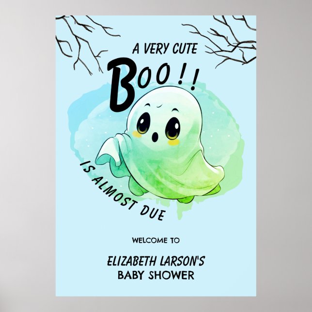 Poster Chá de Bebê Boo Festa Tema Azul Halloween Fofa (Frente)