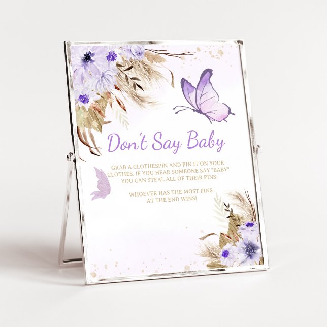 Poster Chá de Bebê Borboleta Floral Placa Não Diga Bebê (Purple Butterfly Baby Shower Don't Say Baby Sign)