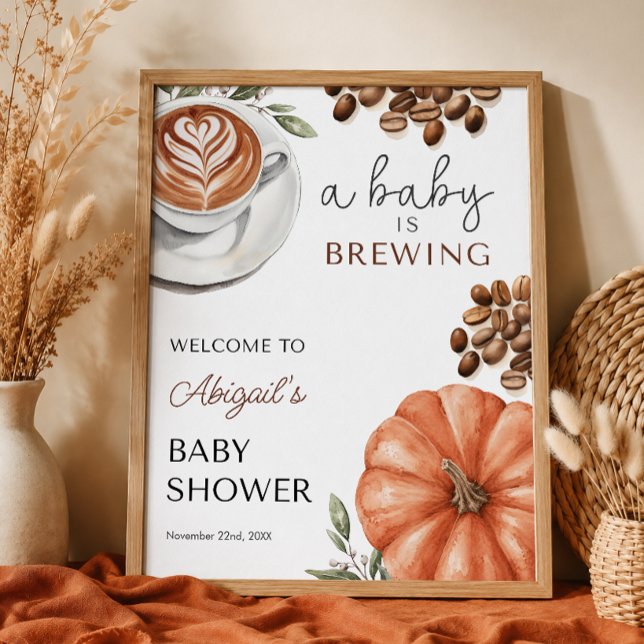 Poster Chá de Bebê Café com Tempero de Abóbora 16x20 Bem- (Pumpkin Spice Coffee Baby Shower 16x20 Welcome Poster)