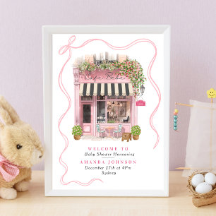 Poster Chá de Bebê Café Parisiense Bonjour Bebe Laço Rosa
