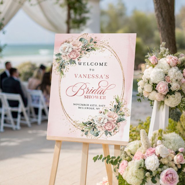 Poster Chá de Bebê Clássico em Dourado Rosa com Floral de (Classic Rose Gold Floral Eucalyptus Bridal Shower Sign)