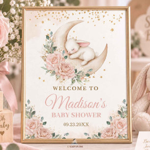 Poster Chá de Bebê Coelho Floral Rosa Lua