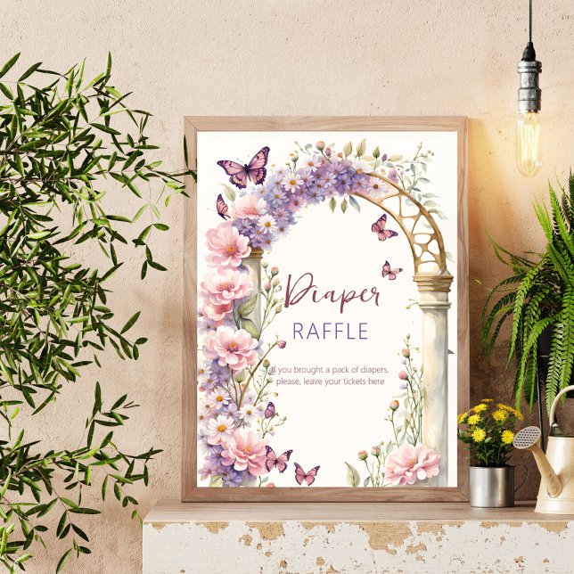 Poster Chá de bebê das borboletas encantadas rifa de fral (Enchanted garden butterflies baby shower diaper raffle table sign poster template digital download)