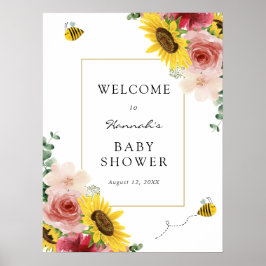 Poster Chá de Bebê de Girassóis, Rosas e Abelhas Boas-Vin