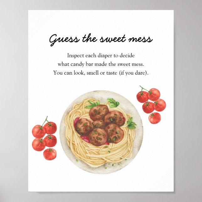 Poster Chá de bebê de macarrão Adivinhe a bagunça doce (Frente)