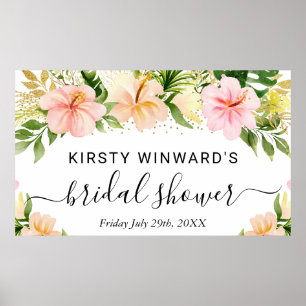 Poster Chá de Bebê de Noiva com Flores Tropicais Rosa em 