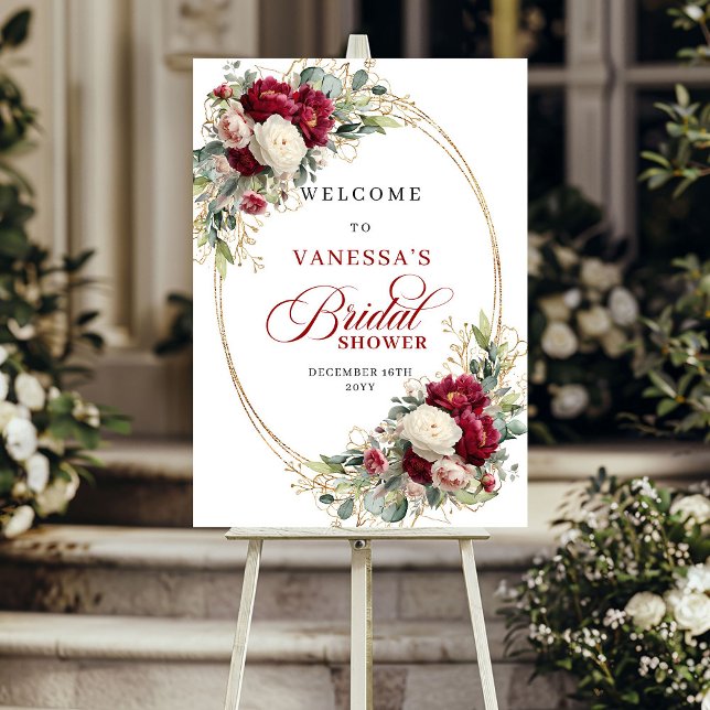 Poster Chá de Bebê de Noiva Floral Branco Borgonha Modern (Modern Burgundy White Floral Bridal Shower Welcome)