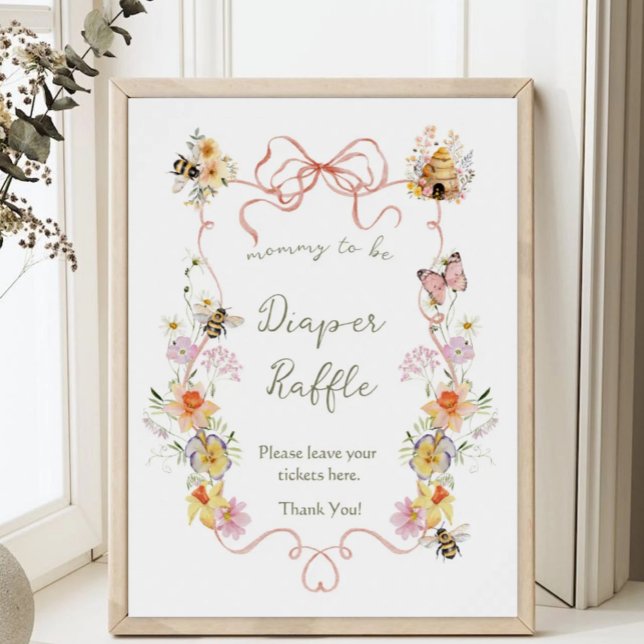 Poster Chá de Bebê Diaper Raffle Mamãe Abelha em Aquarela (Criador carregado)