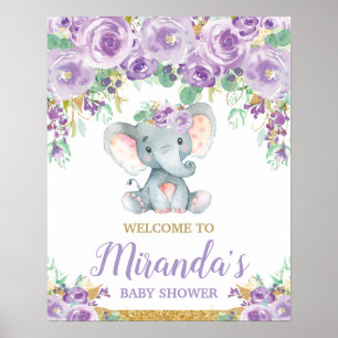 Poster Chá de Bebê do Elefante Floral Roxo
