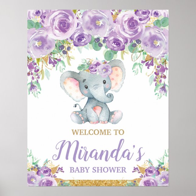Poster Chá de Bebê do Elefante Floral Roxo (Frente)