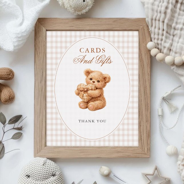 Poster Chá de Bebê do Ursinho de Gingham Marrom Coraçãozi (Criador carregado)