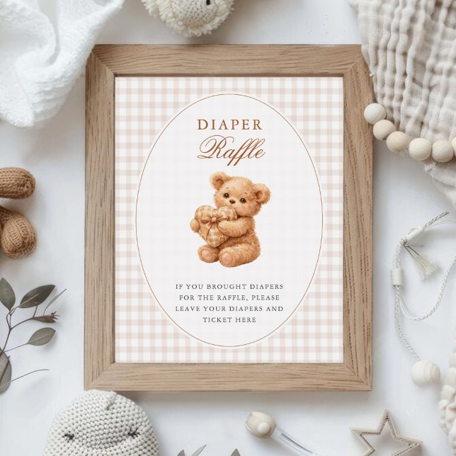 Poster Chá de Bebê do Ursinho de Gingham Marrom Coraçãozi (Criador carregado)