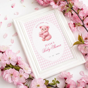 Poster Chá de Bebê do Ursinho de Gingham Rosa Pequeno Cor