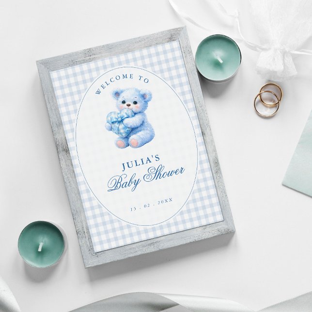 Poster Chá de Bebê do Ursinho Little Heart Blue Gingham (Criador carregado)