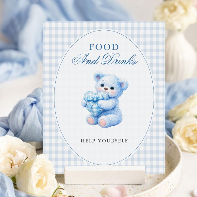 Poster Chá de Bebê do Ursinho Little Heart Blue Gingham (Criador carregado)