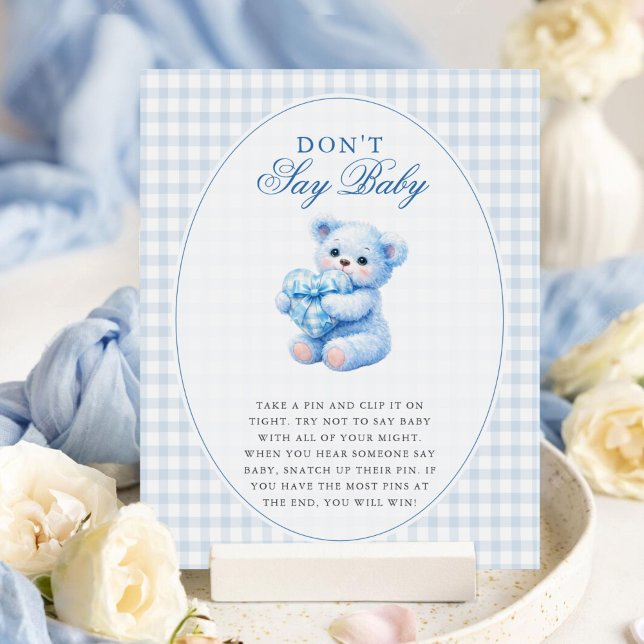 Poster Chá de Bebê do Ursinho Little Heart Blue Gingham (Criador carregado)