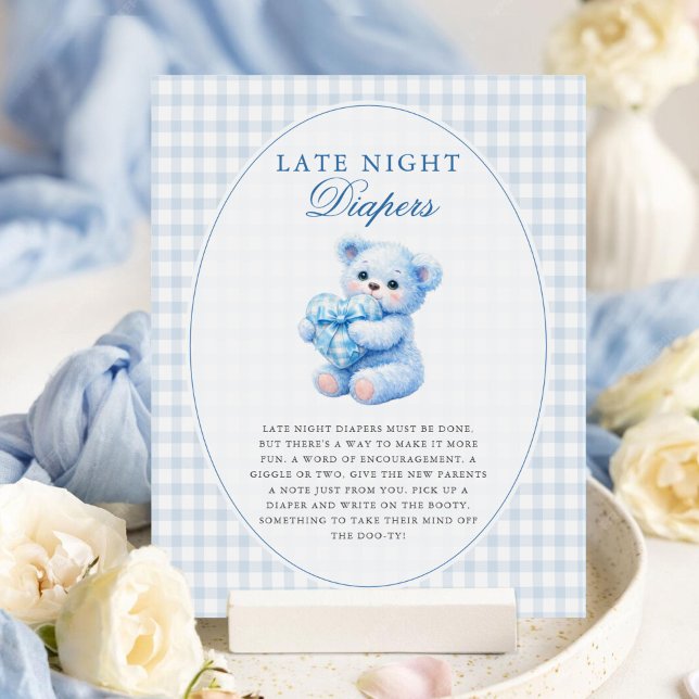 Poster Chá de Bebê do Ursinho Little Heart Blue Gingham (Criador carregado)