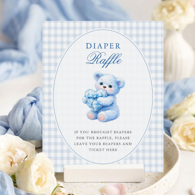 Poster Chá de Bebê do Ursinho Little Heart Blue Gingham (Criador carregado)