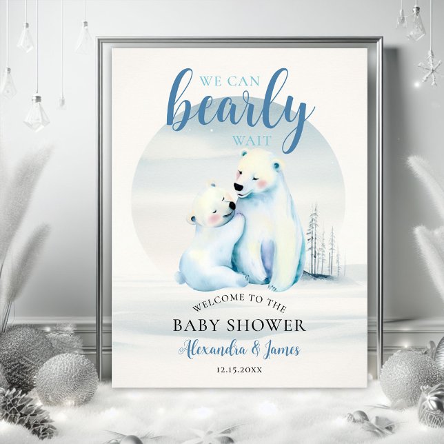 Poster Chá de Bebê do Ursinho Polar - Bem-vindo Menino (winter boy baby shower bearly wait polar bear mama cub watercolor welcome sign poster)