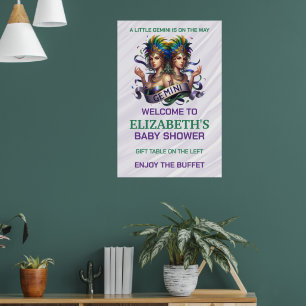 Poster Chá de Bebê do Zodíaco Gêmeos Lavanda e Verde