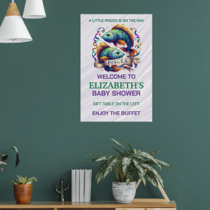 Poster Chá de Bebê do Zodíaco Peixes Lavanda e Verde