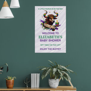 Poster Chá de Bebê do Zodíaco Touro Lavanda e Verde