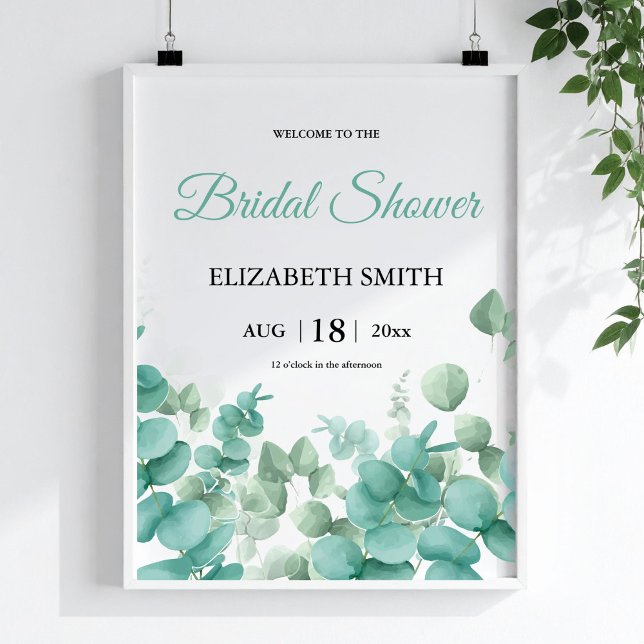 Poster Chá de Bebê Elegante com Eucalipto Verde (Greenery Eucalyptus Elegant Bridal Shower Poster)