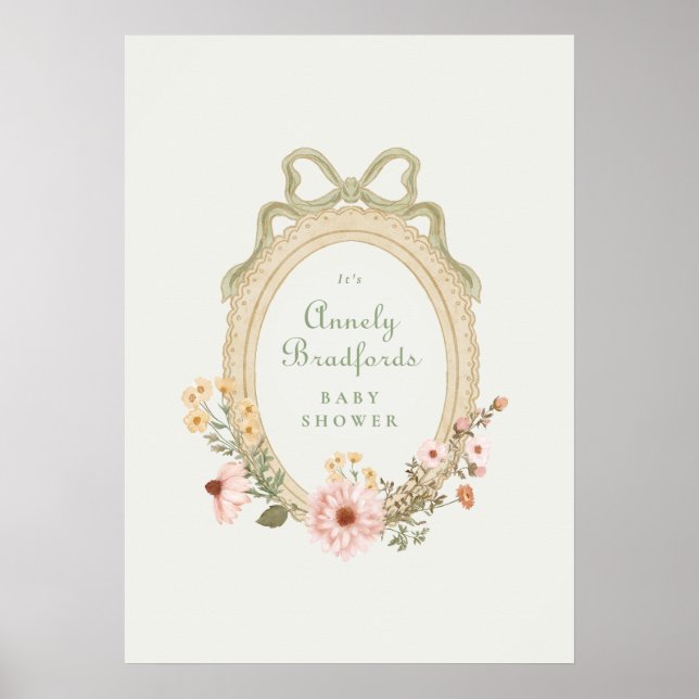 Poster Chá de Bebê Elegante Floral Menina com Arco de Sag (Frente)