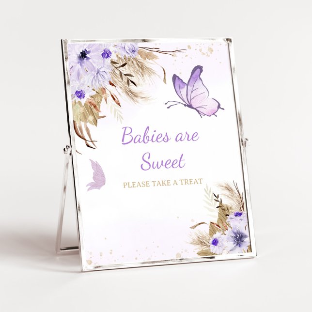 Poster Chá de Bebê Floral Borboleta Bebês são Doce Sinal (Purple Butterfly Baby Shower Babies are Sweet Sign)