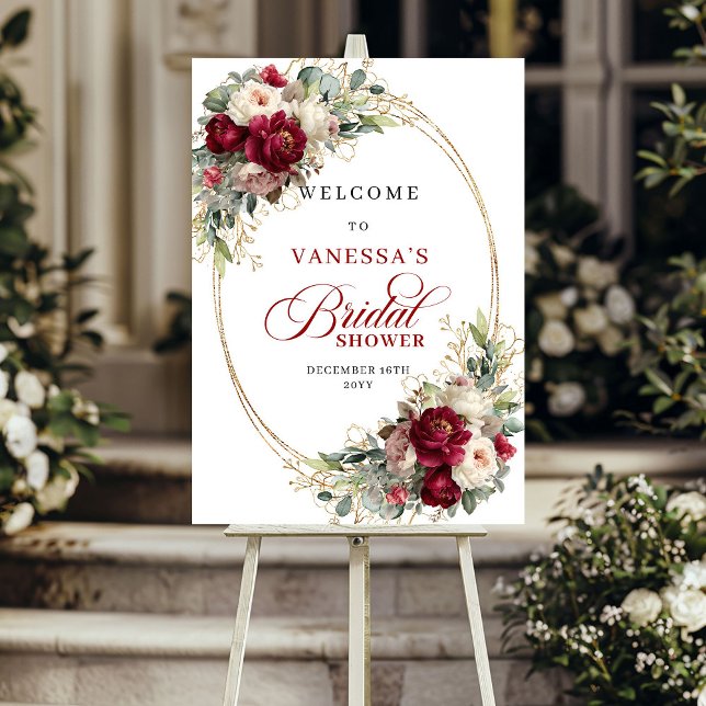 Poster Chá de Bebê Floral Clássico Borgonha Bem-vindo (Classic Burgundy Floral Bridal Shower Welcome)