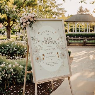 Poster Chá de Bebê Jardim Floral Aquarela Bege Boho