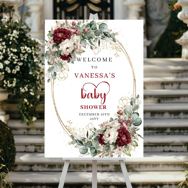 Poster Chá de Bebê Marsala Floral Eucalipto Bem-Vindo (Marsala Floral Eucalyptus Baby Shower Welcome)
