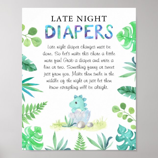 Poster Chá de Bebê Menino Dinossauro Fofo 'Fralda Noturna (Frente)