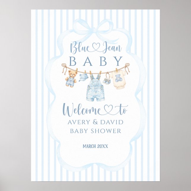 Poster Chá de Bebê Menino Listra Moderna Jean Azul (Frente)