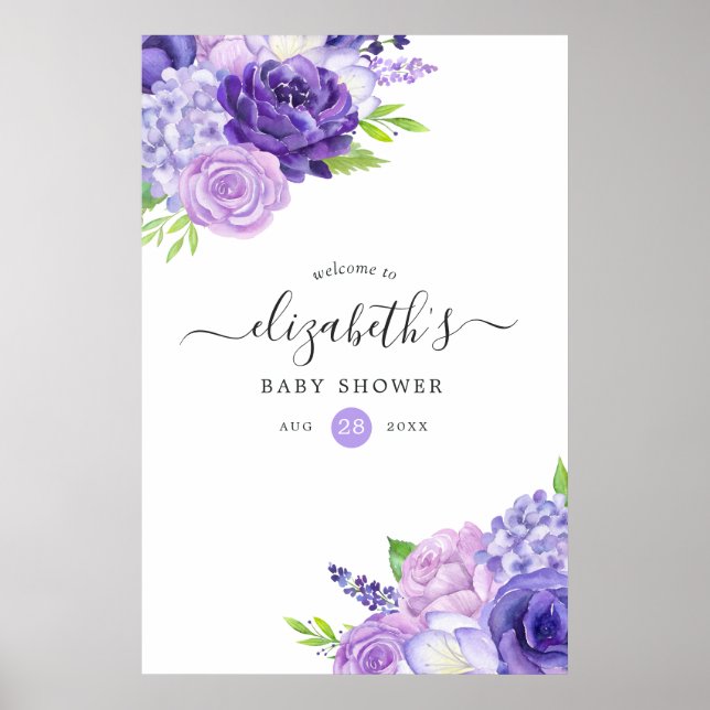 Poster Chá de Bebê Olá Floral Aguarela Violeta (Frente)