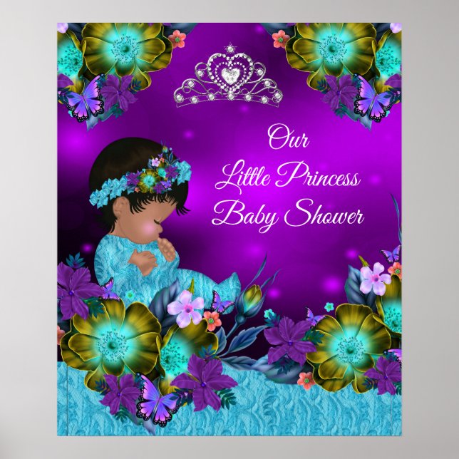 Poster Chá de Bebê Princesa Azul Turquesa Roxo Menina 2 (Frente)