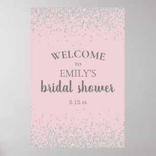 Poster Chá de Bebê Rosa Elegante com Confetes Prateados