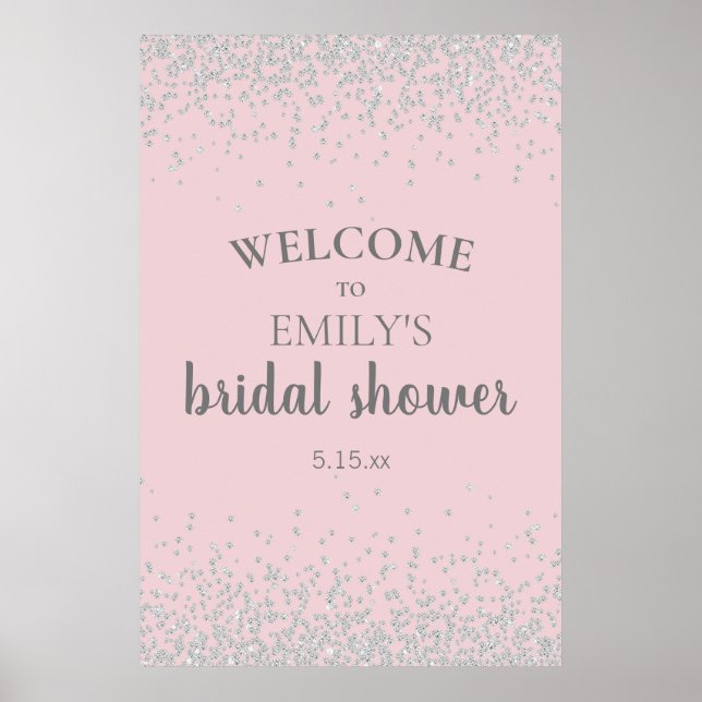 Poster Chá de Bebê Rosa Elegante com Confetes Prateados (Frente)