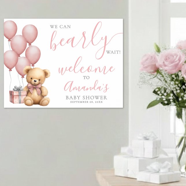 Poster Chá de Bebê Rosa Ursinho de Pelúcia Bem-vindo (Teddy Bear Pink Baby Shower Welcome Poster )