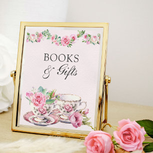 Poster Chá de Bebê Rosa Xícaras de Chá Antigas Livros e P