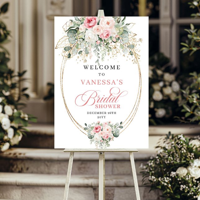 Poster Chá de Bebê Rústico em Rosa Empoeirado com Floral  (Rustic Dusty Pink Floral Eucalyptus Bridal Shower Welcome)