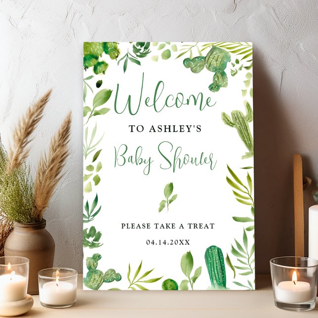 Poster Chá de boas-vindas neutro para o cactus verde-boho (Boho green cactus gender neutral welcome shower poster)