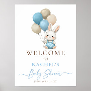 Poster Chá de Bunny Rabbit Balloon Blue Baby Boy Bem-vind