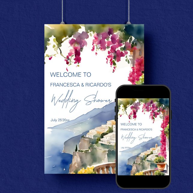 Poster Chá de casamento italiano Amalfi - Boas-vindas (Amalfi coast Italian wedding couples shower welcome Poster editable template digital download)