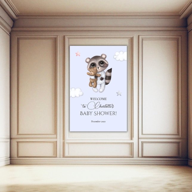 Poster Chá de fraldas Azul Cavalheiro Raccoon Bem-vindo (Gentle Boy Raccoon Blue Baby Shower Welcome Poster)