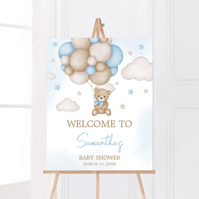 Poster Chá de fraldas Balão de Urso Azul Bem-vindo (Teddy Bear Balloon Baby Shower Welcome Sign)