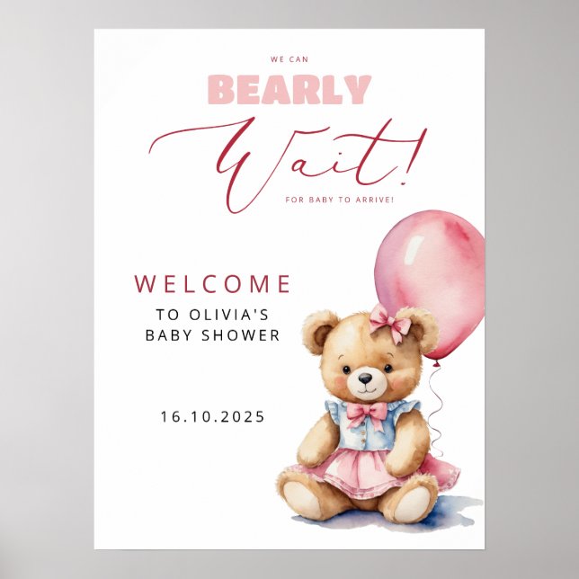 Poster Chá de fraldas Bear Pink Balloon Girl (Frente)