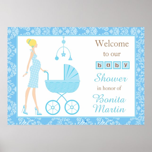 Poster Chá de fraldas Blonar Azul Damask (Frente)
