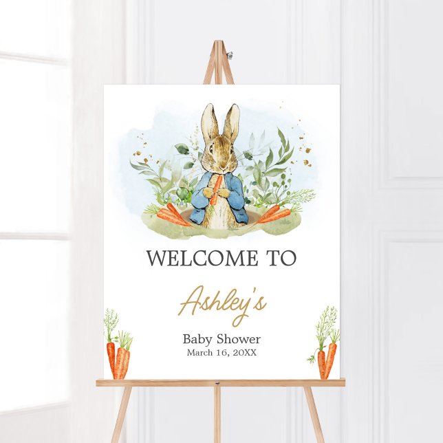 Poster Chá de fraldas Blue Peter Rabbit bem-vindo (Rustic Boy Peter Rabbit Baby Shower Welcome Sign)